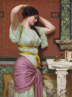 Woman braiding her hair in a classical setting