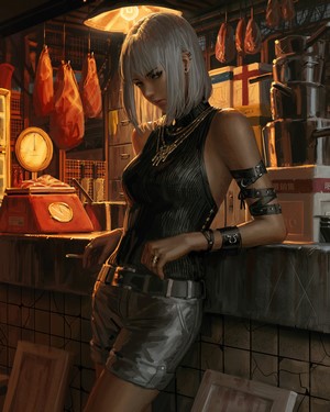 Woman in a butcher shop