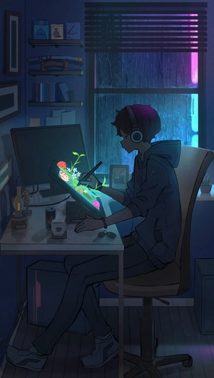 Anime boy with headphones drawing on graphics tablet