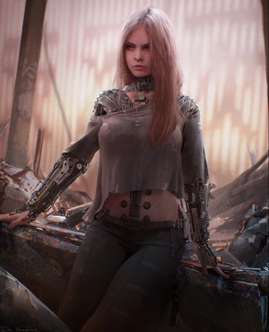 Cyborg woman with mechanical arms in ruins