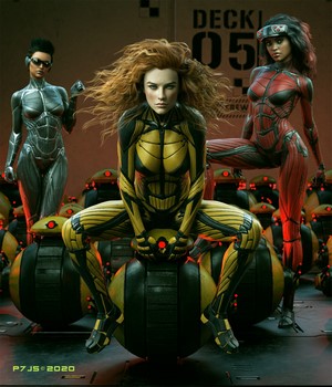 Three women in futuristic suits with robotic spheres