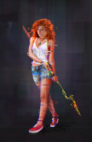 Redhead woman with spear and jean shorts