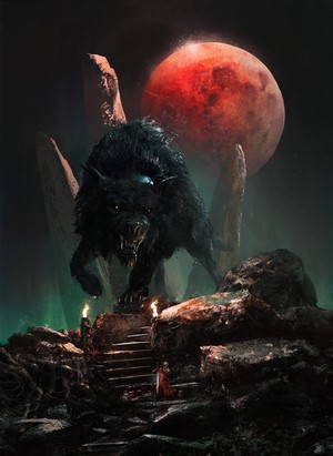 Fenrir wolf before a red moon with a figure on stairs