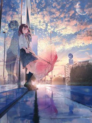 Anime girl in school uniform with umbrella at sunset