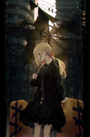 Anime girl with blonde ponytail holding an umbrella