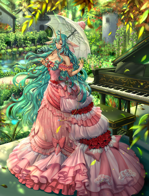 Woman with long green hair in a pink dress holding an umbrella
