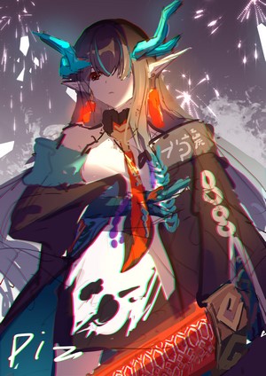 Dusk from Arknights with dragon horns