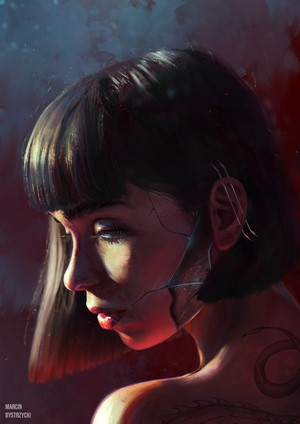 Digital painting of a woman with short hair and a cracked face