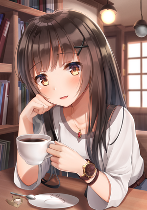 Anime girl with brown hair and eyes drinking coffee
