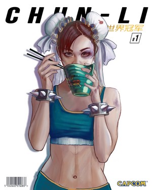 Chun-Li from Street Fighter eating with chopsticks