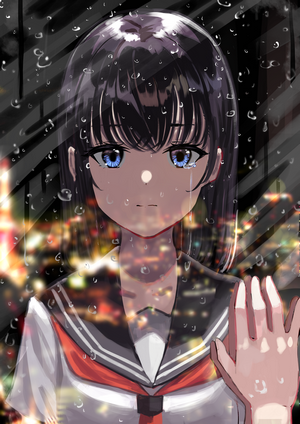 Anime girl in school uniform looking through a rainy window