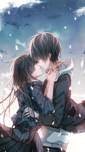 Romantic Anime Couple Embrace Under Sky
