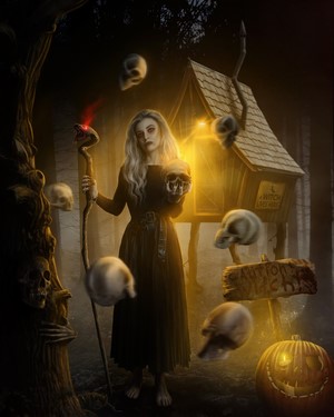 Witch with staff and skulls in a dark forest