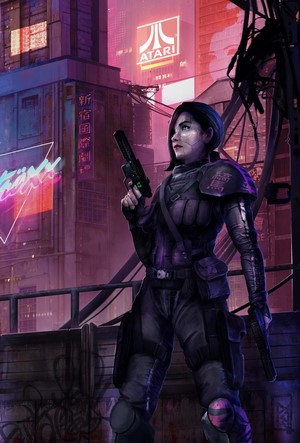 Atari Futuristic Girl with Guns in Cyber City