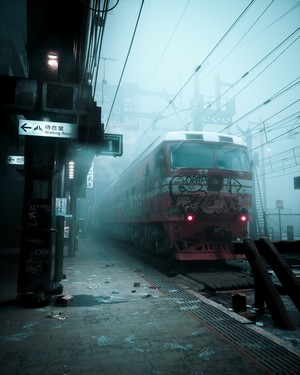 Graffiti-covered train at a foggy station