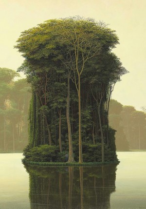 A surreal island forest in a lake