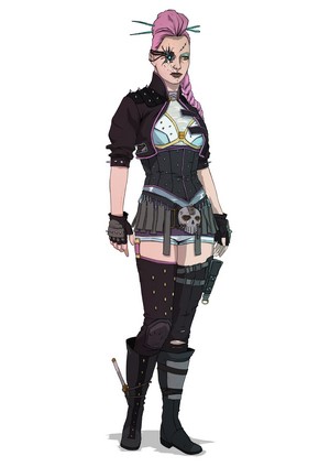 Artwork of a cyborg woman with pink hair