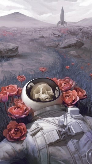 Astronaut skull surrounded by roses on alien planet with spaceship