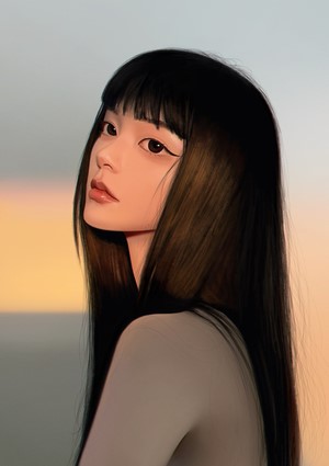 Digital art portrait of an Asian woman with long black hair