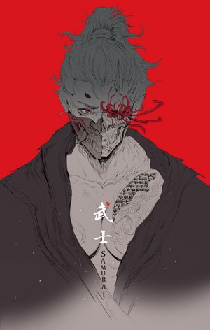 Samurai with skull face and spider lily