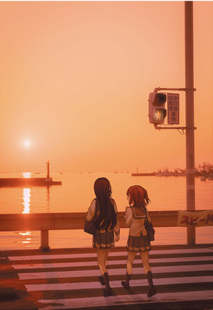 Two girls from Love Live! Sunshine crossing street at sunset