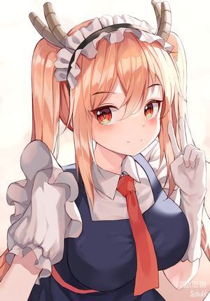 maid outfit, brown eyes, red tie, twintails, white background, simple ...