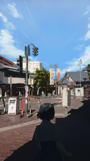 Anime girl in a city street with scooters