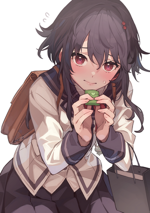 Anime girl in school uniform holding a gift
