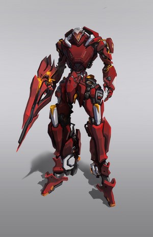 Red mecha with a large blade