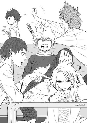 Anime boys from Boku no Hero Academia studying