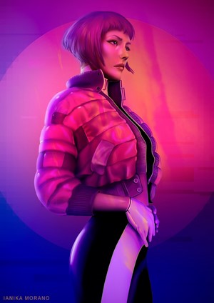 Woman in a pink jacket and black pants