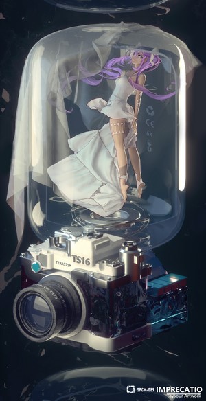 Anime girl in wedding dress inside a glass dome on a camera