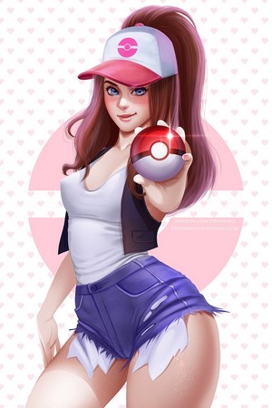 Hilda from Pokémon holding a Poké Ball