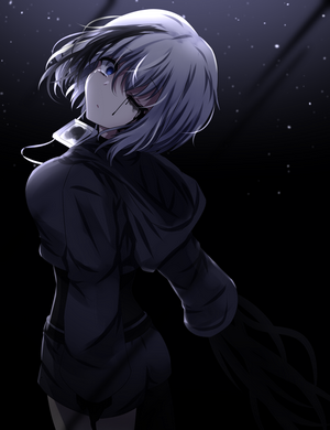 Anime girl with short grey and black hair and blue eyes