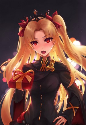 Ereshkigal from Fate/Grand Order holding a gift