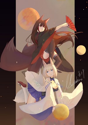 Kaga and Amagi from Azur Lane with fans and moons