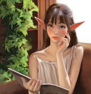 Asian Elf Woman Reading a Book