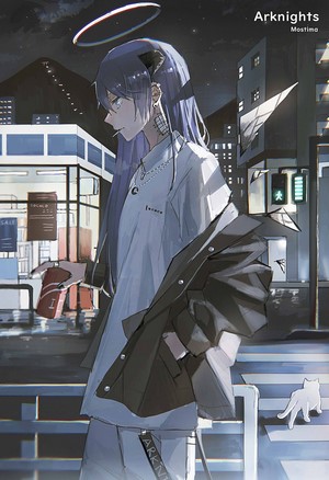 Mostima from Arknights in a city at night