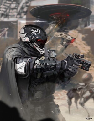 Sci-fi soldier with weapon and drone