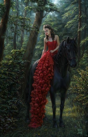 Woman in red rose dress on black horse in forest