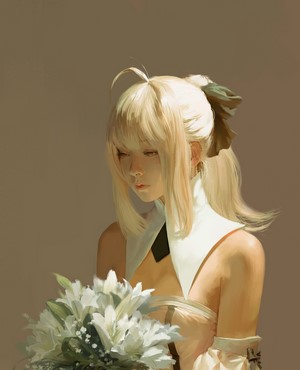 Saber Lily from Fate/Grand Order holding flowers