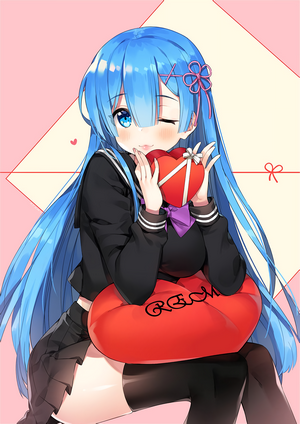 Rem from Re:Zero holding a heart-shaped gift