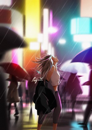 Woman in the rain with umbrellas and neon lights