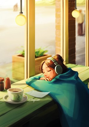 Sleeping Woman with Headphones by the Window