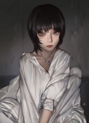 Digital painting of a woman with short dark hair and a white shirt