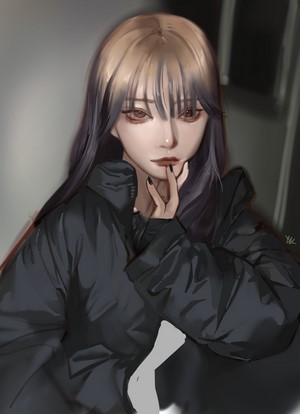 Artwork of a woman with blonde and purple hair