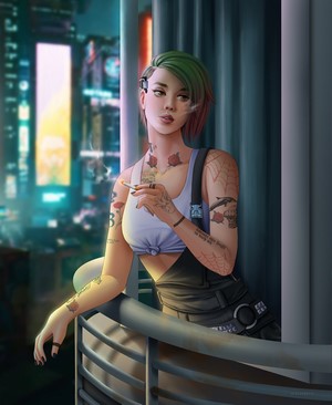 Judy Alvarez from Cyberpunk 2077 smoking on balcony