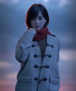 Asian woman in white coat and red scarf