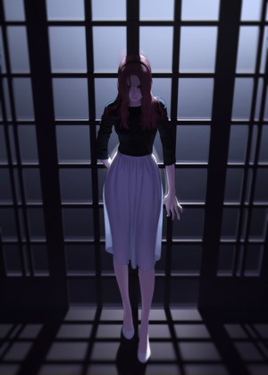 Anime girl with red hair standing in a room