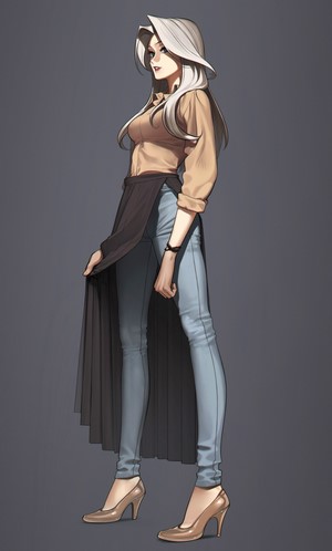 Anime girl with long white hair wearing a tan shirt and jeans
